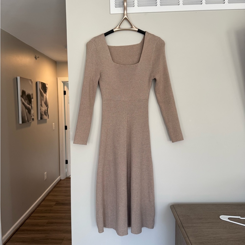 Tan A-Line Midi Dress with Scoop Neck Long Sleeves